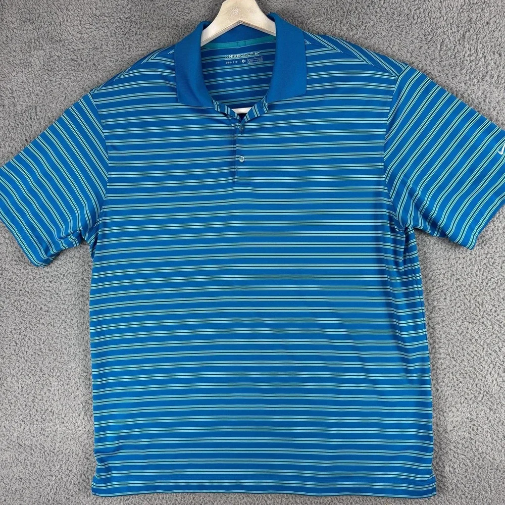 Nike Golf Polo Shirt Mens Large Blue‎ Striped Dri-FIT Stretch Performance Swoosh